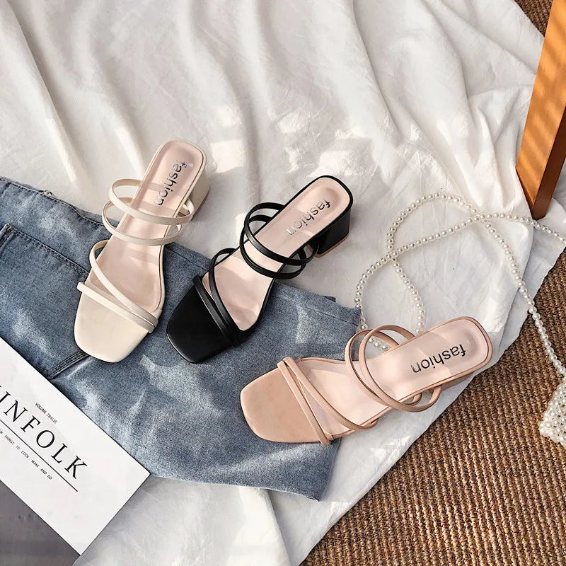 Women Sandals Ladies Square Heels Elegant Summer Slippers Outside Cross Tied Leather Female Slides 2023 Fashion Woman Sandals