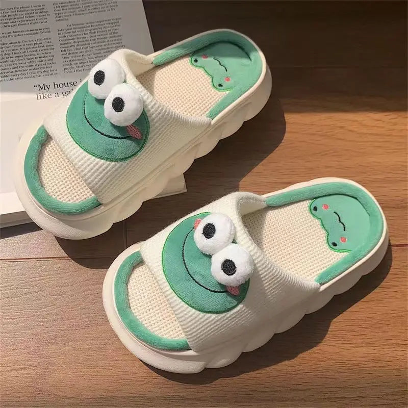 Women Cartoon Frog Slippers Winter Warm Indoor Home Slides Linen Thick Sole Couple Sliper