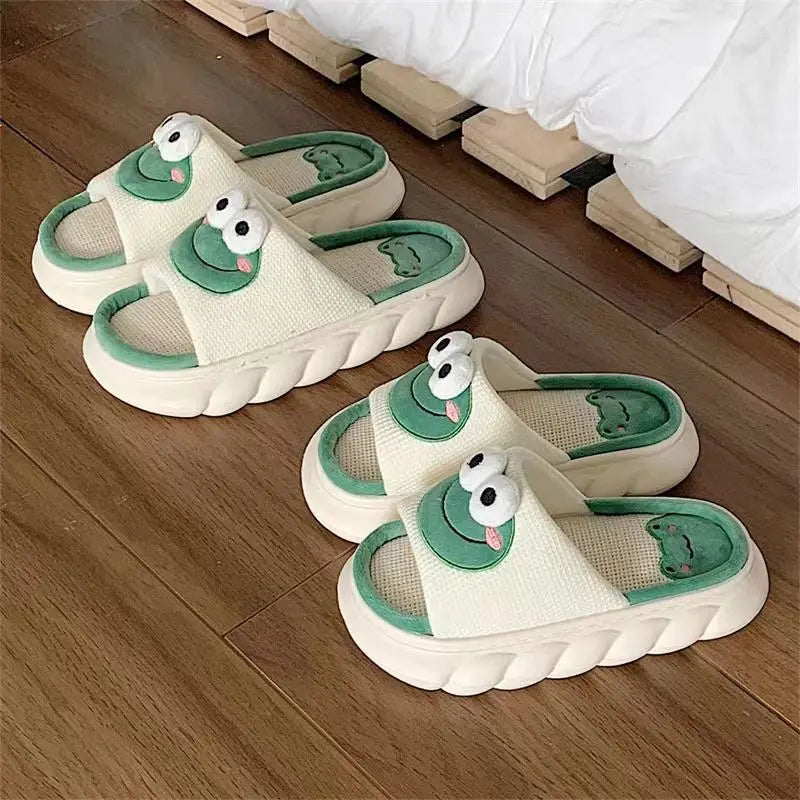 Women Cartoon Frog Slippers Winter Warm Indoor Home Slides Linen Thick Sole Couple Sliper