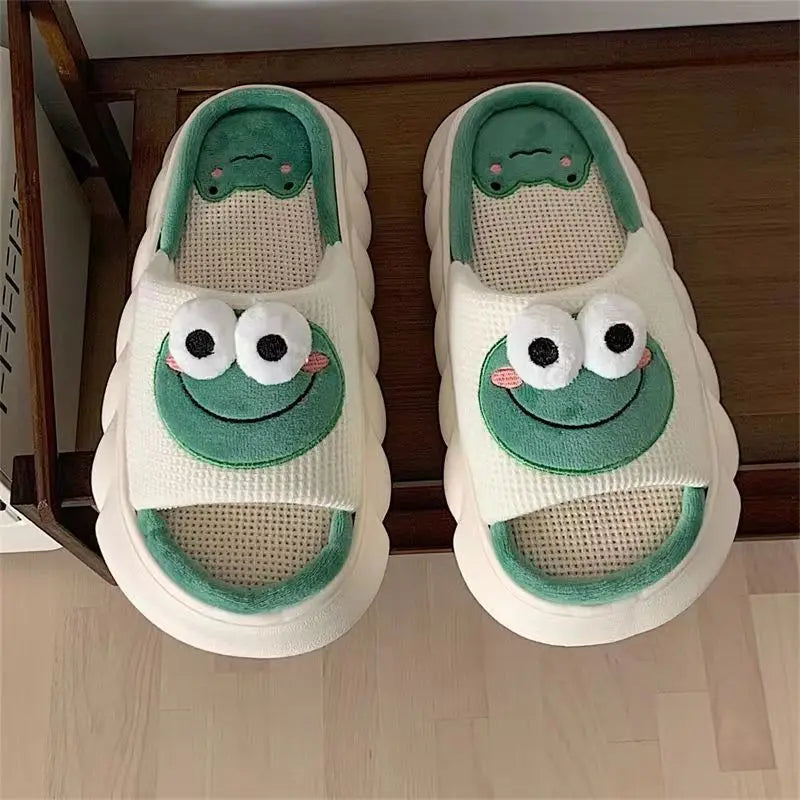 Women Cartoon Frog Slippers Winter Warm Indoor Home Slides Linen Thick Sole Couple Sliper