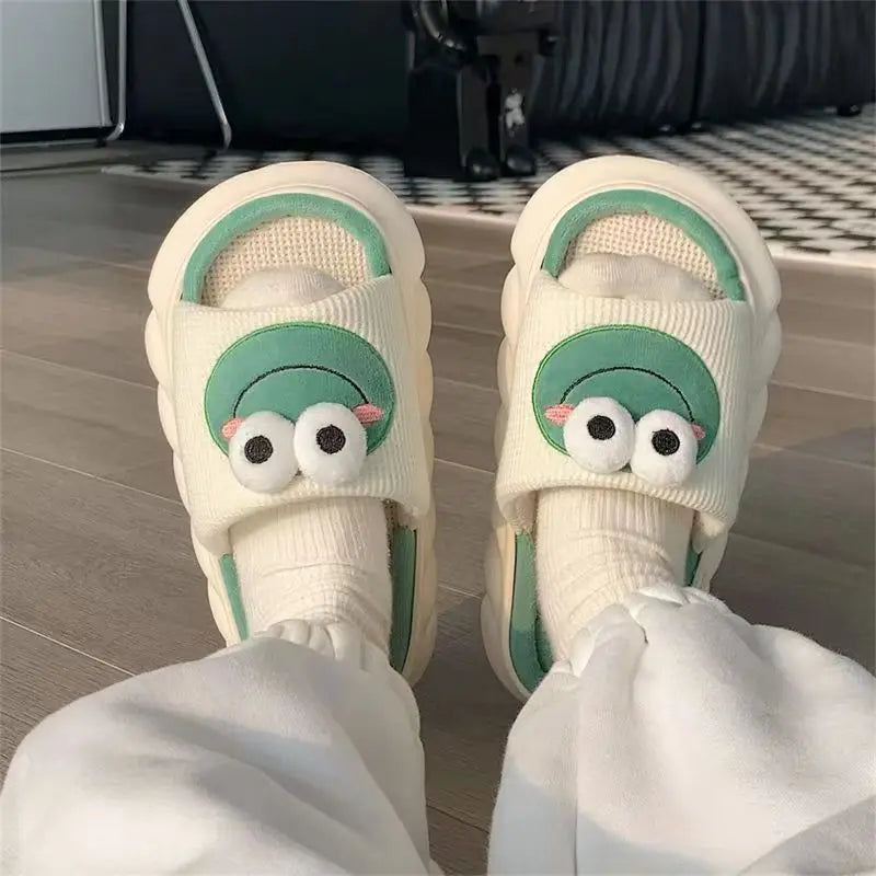 Women Cartoon Frog Slippers Winter Warm Indoor Home Slides Linen Thick Sole Couple Sliper