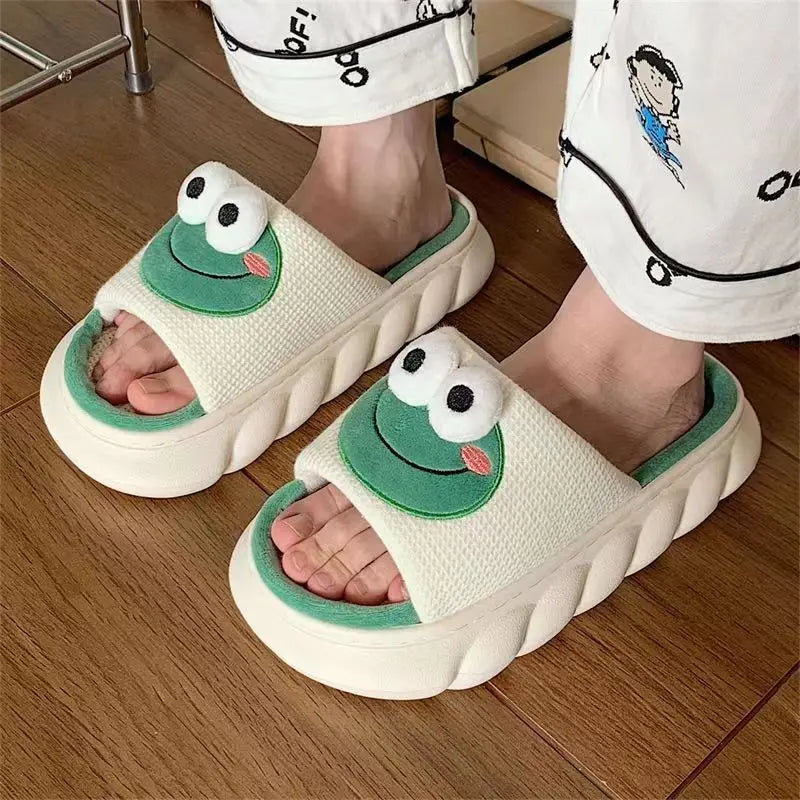 Women Cartoon Frog Slippers Winter Warm Indoor Home Slides Linen Thick Sole Couple Sliper